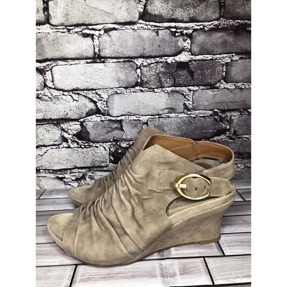Earthies Earth Santo Taupe Suede Leather Peep Ankle Wedge Booties Women sz 10B - Picture 13 of 16